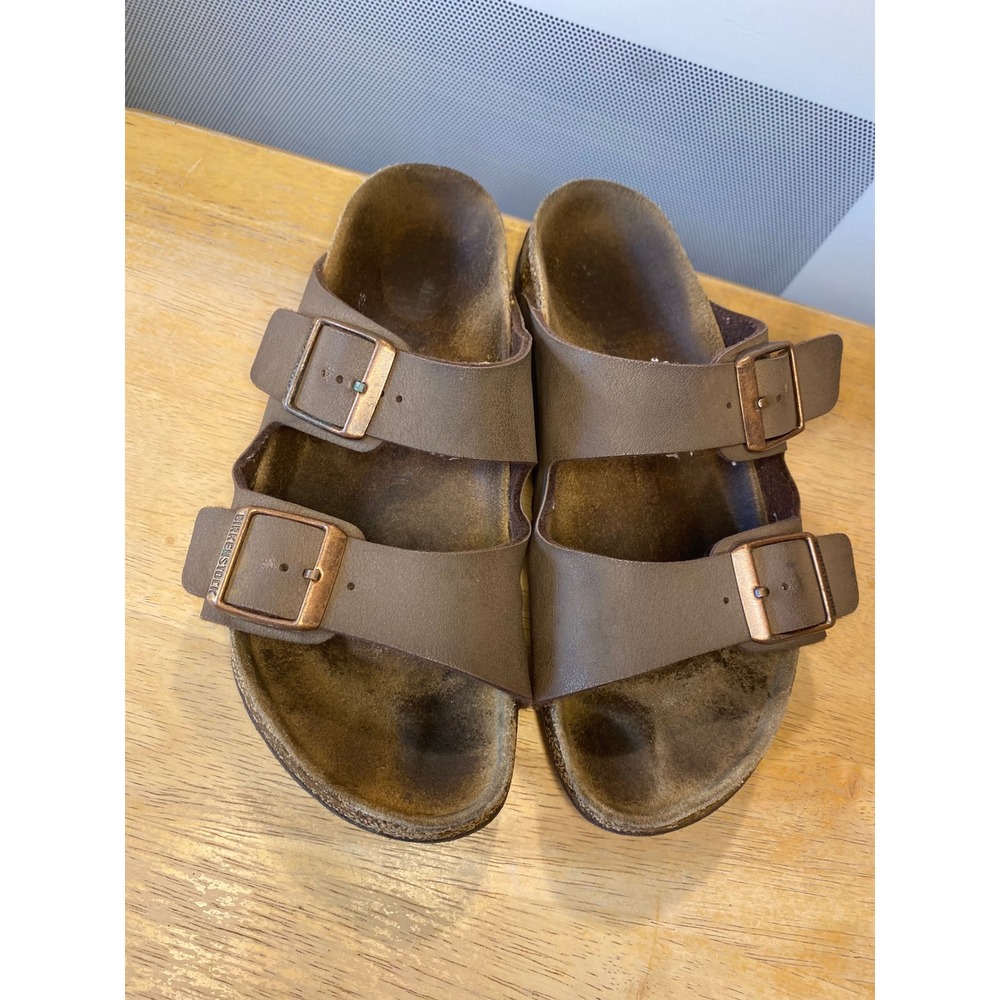 Birkenstock Arizona Kids 3?Mocha Brown Two Strap Slide Sandals Copper Buckles